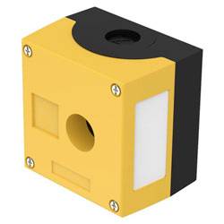 Ein kleiner gelb-schwarzer Sensor mit einer zentralen kreisförmigen Linse und quadratischen sowie rechteckigen Öffnungen an der Seite, mit Schrauben an jeder Ecke befestigt.