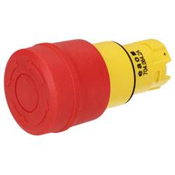 Roter und gelber Notausschalter mit zylindrischem Design, verwendet für die Sicherheit in Industrieanlagen.