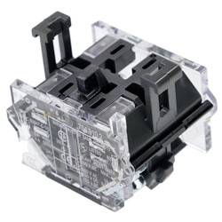 Eine transparente Kunststoff- und schwarze elektronische Schalterkomponente, aus einem Winkel betrachtet, verwendet für mechanische Montage in Geräten oder Tastaturen.