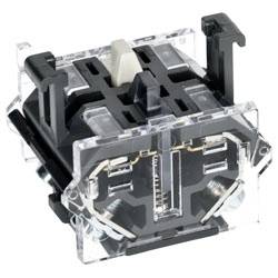 Ein transparenter Schalter mit sichtbaren inneren Komponenten, mit schwarzem und weißem Gehäuse. Er ist für mechanische oder elektrische Anwendungen konzipiert.