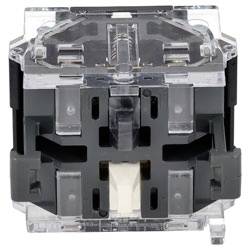 Ein transparenter Kontaktblock für elektrische Schalter mit kubischer Form, sichtbaren Anschlüssen und einer schwarzen internen Struktur.
