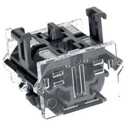 Eine Nahaufnahme eines mechanischen Schalters mit transparentem Gehäuse, die seine internen Komponenten und Struktur zeigt.