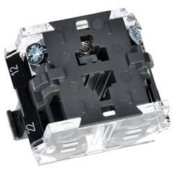 Eine schwarze und transparente elektrische Komponente mit sichtbaren Schrauben und einer Feder, die für mechanische und elektrische Verbindungen verwendet wird.