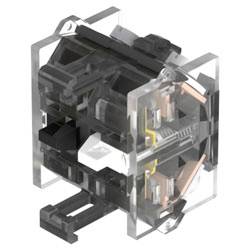 Eine Nahaufnahme eines mechanischen Tastaturschalters mit einem durchsichtigen Gehäuse, das innere Komponenten wie den Schaft und die Metallfeder zeigt.