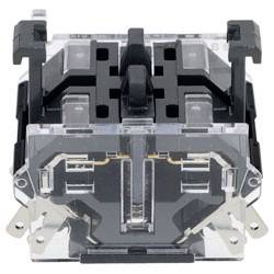 Eine Nahaufnahme einer mechanischen Schalterkomponente mit transparentem Gehäuse, das innere Mechanismen und metallische Anschlüsse offenbart.