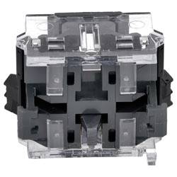 Ein klares, transparentes elektrisches Relaisblock aus Kunststoff mit schwarzen internen Komponenten, das zur Steuerung von Schaltkreisen in elektronischen Systemen verwendet wird.