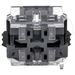 Ein mechanischer Tastaturschalter mit transparentem Gehäuse mit klarer Abdeckung offenbart interne Mechanismen und zeigt einen kreuzförmigen Schaft und schwarze Komponenten.