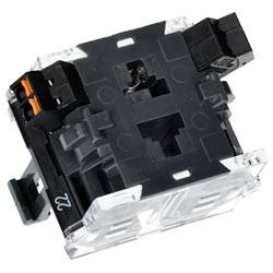 „Ein Saia-Burgess SRS-Aktuator mit schwarzem und transparentem Design, mit einem zentralen Hebel, Eckenklemmen und einem orangefarbenen Schalterdetail.
