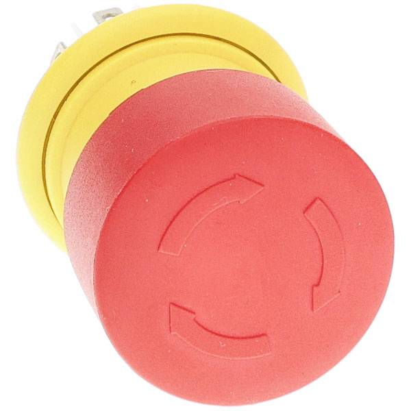 Ein roter Notausschalter mit gelbem Sockel, mit drei gebogenen Pfeilen auf der Oberseite geprägt, häufig zur Sicherheitsabschaltung verwendet.