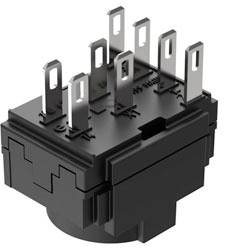 Ein runder Metall-Druckschalter mit den Beschriftungen „ON