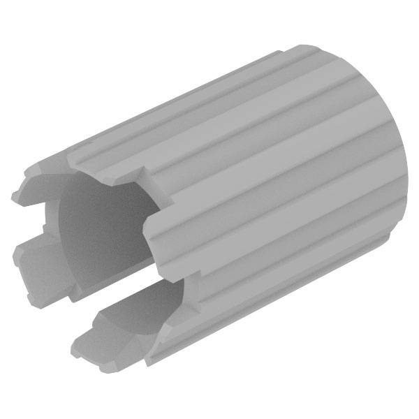Ein graues, zylindrisches Maschinenteil mit gleichmäßig verteilten vertikalen Rippen und einem inneren Hohlraum, wahrscheinlich zum Einfügen oder Montieren verwendet.