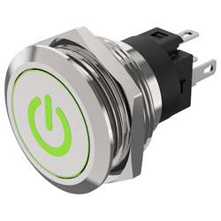 Metal push button switch with green power icon; round, silver and black design; used for electronic devices.