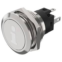 Ein metallischer Druckknopfschalter mit einem roten Stromversorgungssymbol auf seiner Oberfläche, entworfen für elektronische Geräte.