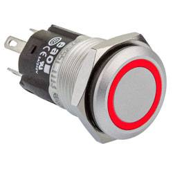 Ein Metalldrucktastenschalter mit einem roten LED-Indikatorring, der in elektronischen Geräten verwendet wird. Der Schalter hat einen Metallkörper und drei Anschlussstifte.