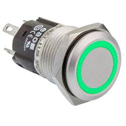 Ein metallischer Druckknopfschalter mit einem leuchtenden grünen LED-Ring um die Basis, der in elektronischen Schaltungen für Steuerfunktionen verwendet wird.