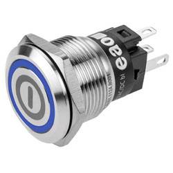Ein Metall-Druckschalter mit einem blauen LED-Ring und einem „Ein