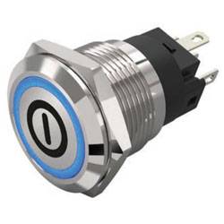Ein runder, metallischer Druckschalter mit einem Stromversorgungssymbol oben, umgeben von einem blauen LED-Ring und einem Gewinde-Design zur Panelmontage.