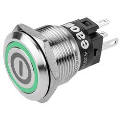 Ein Metall-Druckschalter mit grünem Indikatorring und Stromsymbol. Er hat drei Anschlüsse für elektrische Verbindungen.