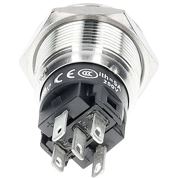 Ein Metallschalter mit Druckknopf mit sechs Anschllussklemmen, CE-gekennzeichnet, mit einer Nennleistung von 5A 250V, verwendet für elektrische Steueranwendungen.