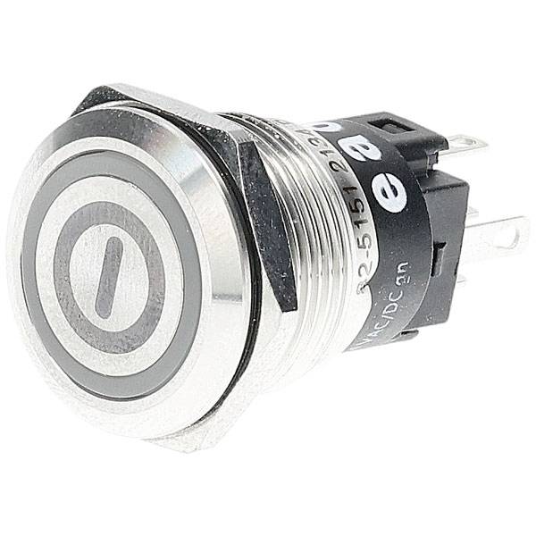 Ein metallischer runder Druckschalter mit Stromsymbol, ausgestattet mit Gewinde-Panelmontage und Kontaktstiften für elektrische Verbindungen, wahrscheinlich in der Elektronik verwendet.