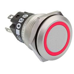 Ein runder, metallischer Druckschalter mit einem roten LED-Ring und zwei Anschllussklemmen wird gezeigt.