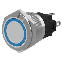 Ein Silbermetall-Druckknopfschalter mit blauer Kreisgarnitur, montiert und installationsbereit in einem elektronischen Gerät oder Bedienfeld.