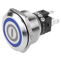 Ein runder, metallischer Druckschalter mit rotem Ring, mit Gewinde und drei Anschlüssen an der Basis.