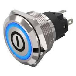 „Blauer LED-Ring-Metalldruckschalter in Ausschaltposition.