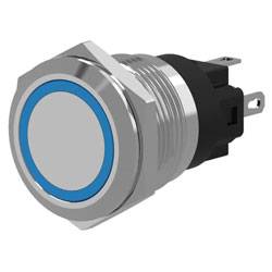 Eine Nahaufnahme eines metallischen, runden Druckschalters mit einem blauen LED-Ring, entwickelt für die Verwendung in elektronischen Geräten.