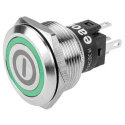 Ein metallischer Druckknopfschalter mit grünem beleuchteten Stromsymbol, verwendet zum Ein- und Ausschalten von Geräten, mit Schraubklemmen.