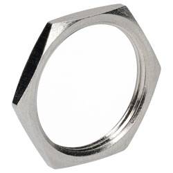 Eine sechseckige Metallmutter mit einem inneren Rundgewinde, die zum Befestigen von Komponenten in mechanischen oder konstruktiven Anwendungen verwendet wird.