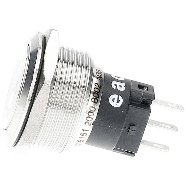 Ein metallischer Druckschalter mit drei Anschlüssen für elektronische Verbindungen, von der Seite dargestellt. Der Schalter ist mit „eaO