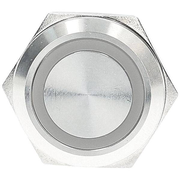 Ein grüner Druckschalter mit einem metallischen Ring und schwarzer Basis, entwickelt für die Panelmontage, typischerweise verwendet für Bedienfelder oder Maschinen.