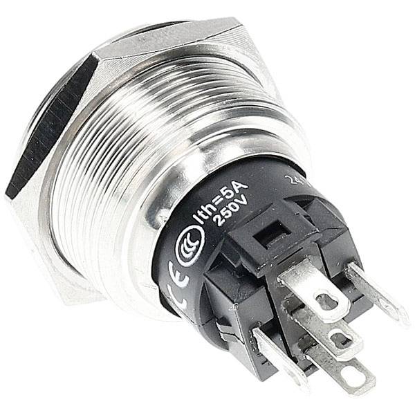 Metallischer Druckknopfschalter mit schwarzem Sockel, silberner Gehäuse und mehreren elektrischen Anschlüssen. Bemessen für 5A und 250V.
