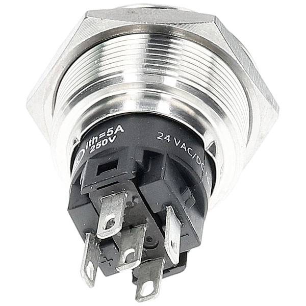 Metallischer Druckschalter mit freigelegten Anschlüssen, gekennzeichnet mit 5A 250V, 24VAC/DC. Silberner metallischer Körper, schwarze Basis, verwendet in elektrischen Schaltkreisen.