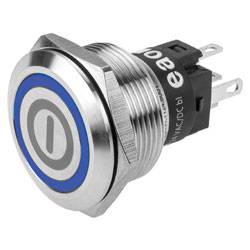 Ein metallischer Druckschalter mit blauem LED-Ring, mit einem Stromsymbol auf seiner Oberfläche. Geeignet für elektronische Geräte.