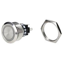 Ein metallischer Druckschalter mit einem Befestigungsring daneben. Der Schalter verfügt über eine flache runde Oberfläche und hervorstehende Anschlussstifte.