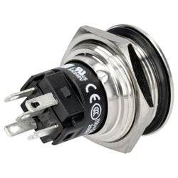 Ein kreisförmiger Metalldruckknopfschalter mit schwarzer Basis und mehreren Anschlussstiften, gekennzeichnet mit Zertifizierungsmarken, CE und UL.