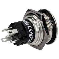 „Eine Nahaufnahme eines metallischen Druckknopfschalters mit sichtbaren Anschlüssen und Produktkennzeichnungen, entwickelt für elektronische Schaltungsanwendungen.