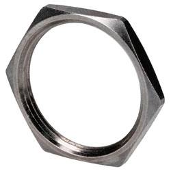 Eine silberfarbene sechseckige Metallmutter, häufig in Maschinen verwendet, vor einem schlichten weißen Hintergrund dargestellt.
