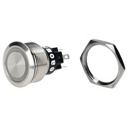 Metallische Drucktastenschalter mit sechskantigem Befestigungsring, mit Gewinde am Gehäuse und sichtbaren Anschlüssen für elektrische Verbindungen.