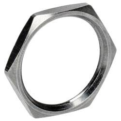 Eine Nahaufnahme einer metallischen sechseckigen Mutter, die typischerweise in Befestigungsanwendungen für mechanische Baugruppen oder im Bauwesen verwendet wird.