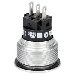 Ein Metall-Druckschalter mit drei Anschlüssen, entworfen für die Integration in elektronische Geräte, mit schwarzem Gehäuse und Gewinde-Zylinder.