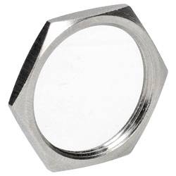 Sechskantige Metallmutter in Silber, von oben betrachtet.