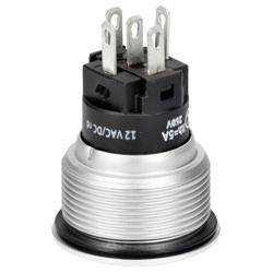 Ein Metall-Kippschalter mit vier Stiften und einer gewindelosen Befestigungsbasis, gekennzeichnet mit „12V AC/DC-1A