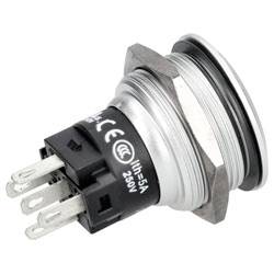 Ein Metall-Druckschalter mit vier Anschlussstiften, gekennzeichnet mit „5A 250V