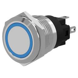 Ein metallischer Druckschalter mit blauem LED-Ring, entwickelt für industrielle oder elektronische Anwendungen.