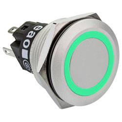 Ein Metalldruckschalter mit blauem LED-Ring, ausgestattet mit Gewinde und drei elektrischen Anschlüssen.