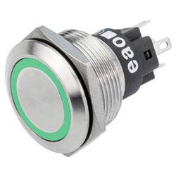 Ein Metalldruckschalter mit grünem LED-Ring, wird häufig in elektronischen Geräten zur Anzeige des Stromzustands oder der Aktivierung verwendet.
