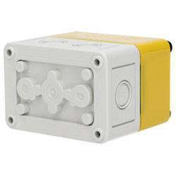 Eine Kunststoff-Elektroverteilerdose mit gelbem Sockel und grauem Deckel, mit mehreren Kabeleinführungspunkten und einem zentralen Montagebreich.